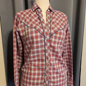 vintage plaid western rockabilly pearl snap button long sleeve shirt, Large